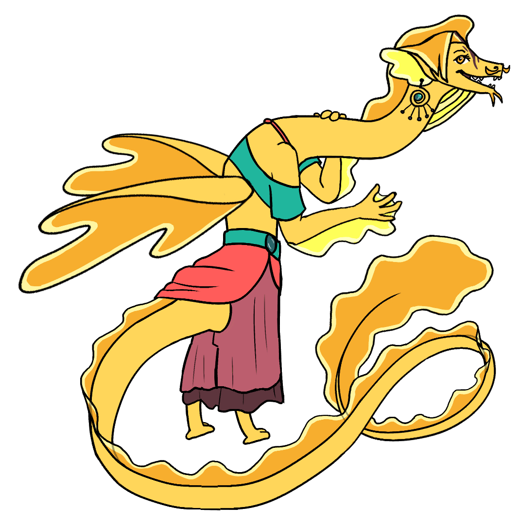 Yellow dragon with a long eel-like body wearing colorful clothes.