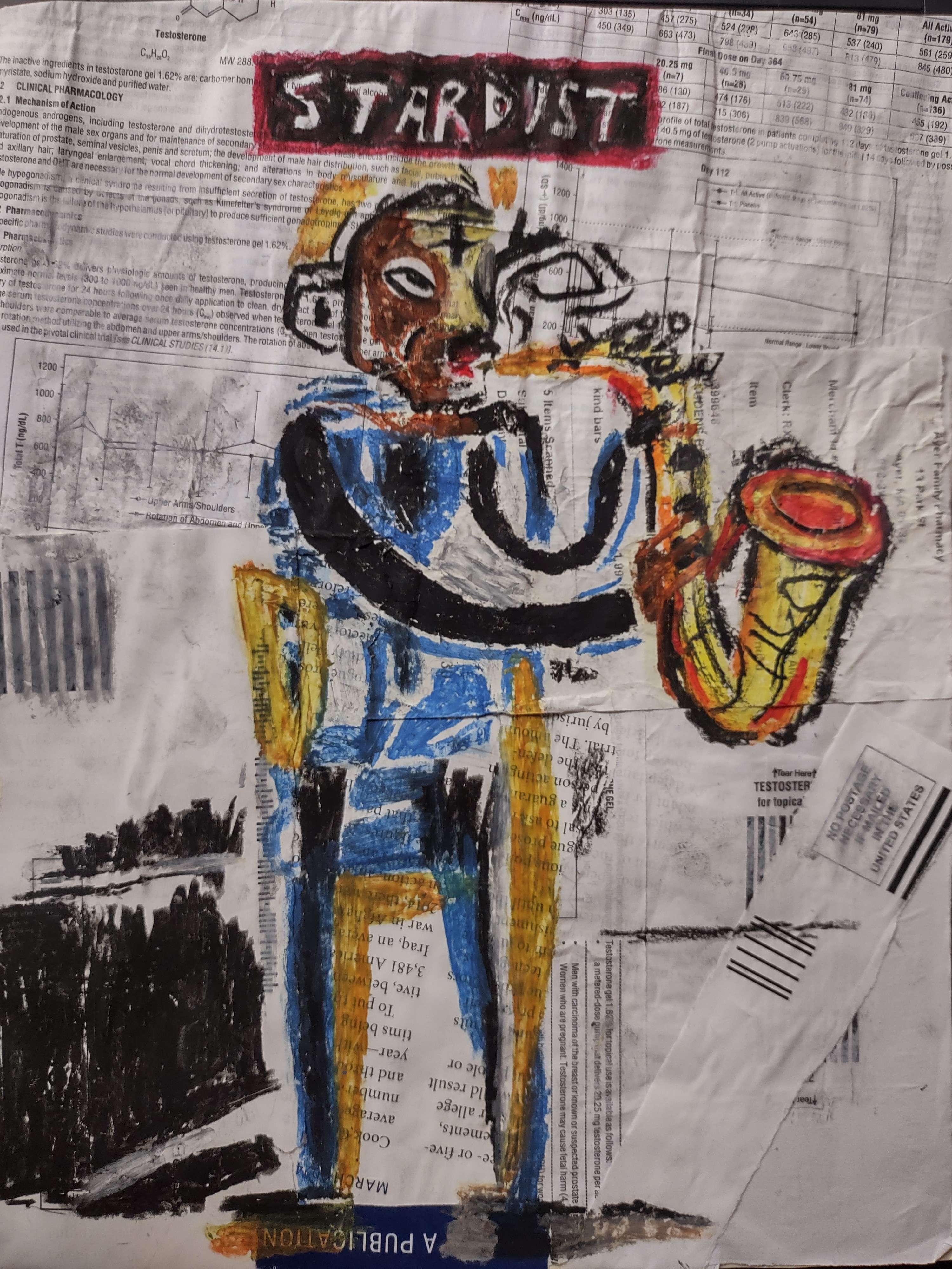 Abstract art of a man playing a saxophone.