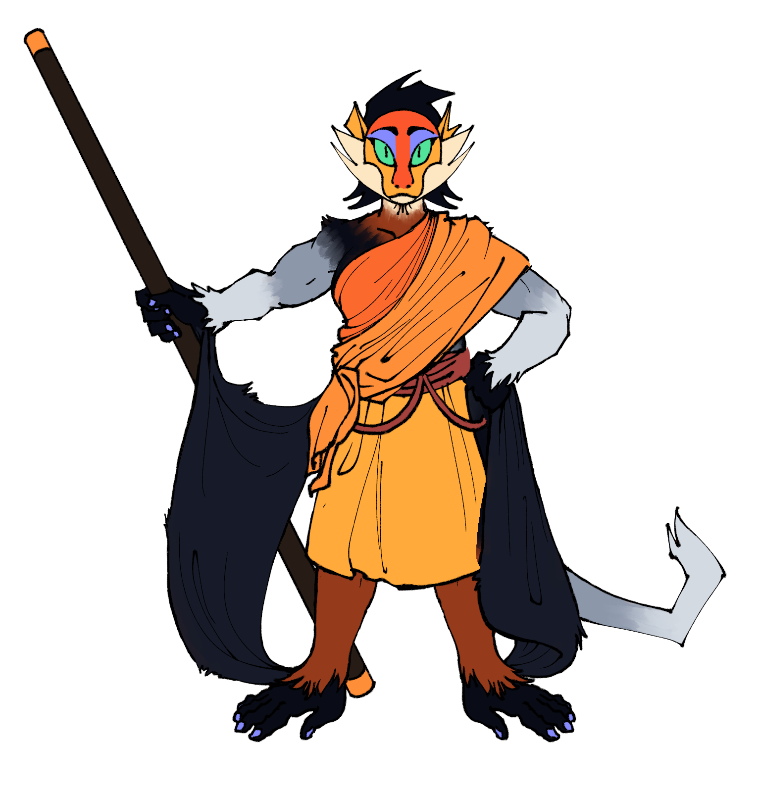 Boonsri-, a hazodee monk from dungeons and dragons inspired by a monkey. She is wearing orange monk robes and is standing confidently with a cudgel behind her back.