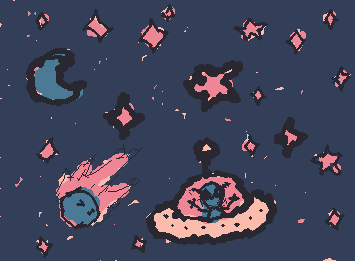 A jittering gif of an alien in a flying saucer in space. There are many stars, a moon, and a flaming comet.